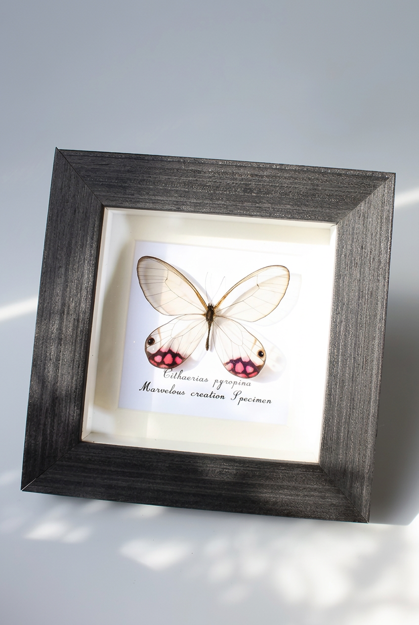 Framed Glasswing Butterfly Specimen | Cithaerias pyropina, 13 × 13 cm Black Frame⠋