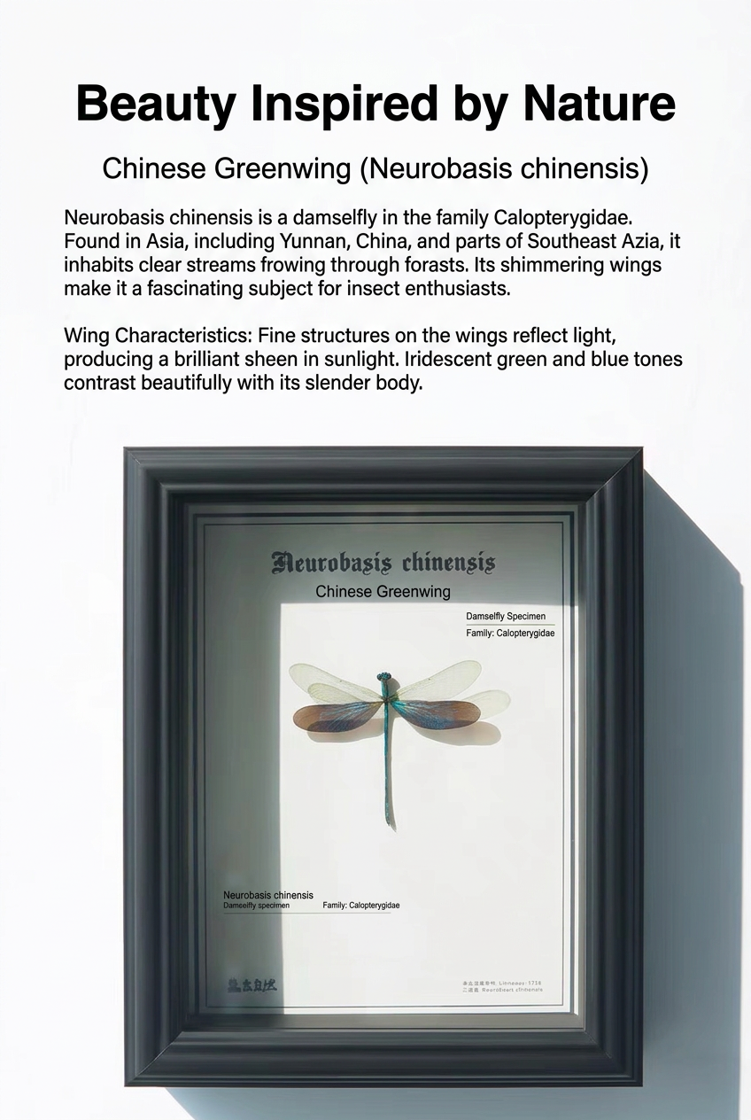 Framed Chinese Greenwing Damselfly Specimen | Neurobasis chinensis, Black Frame