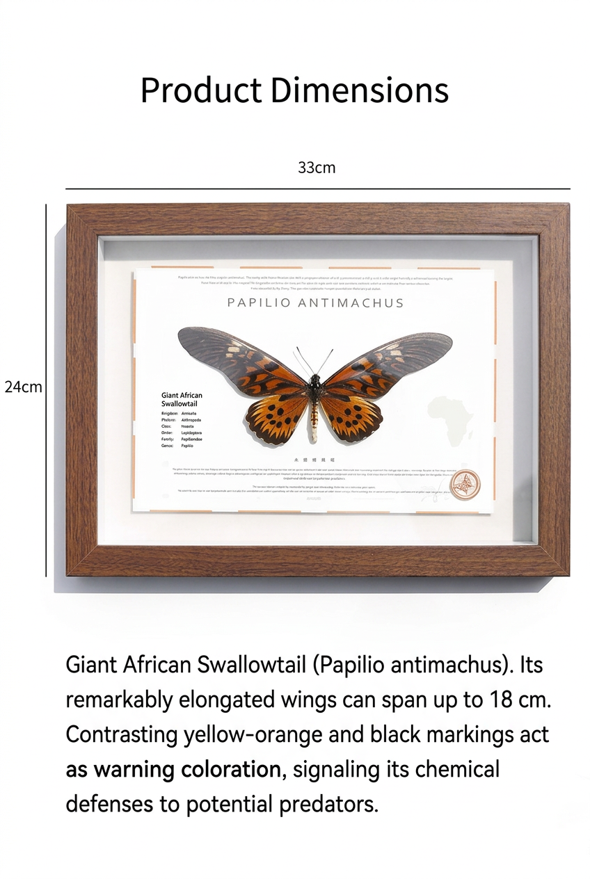 Framed Giant African Swallowtail Specimen | Papilio antimachus, 33 × 24 cm Wooden Frame