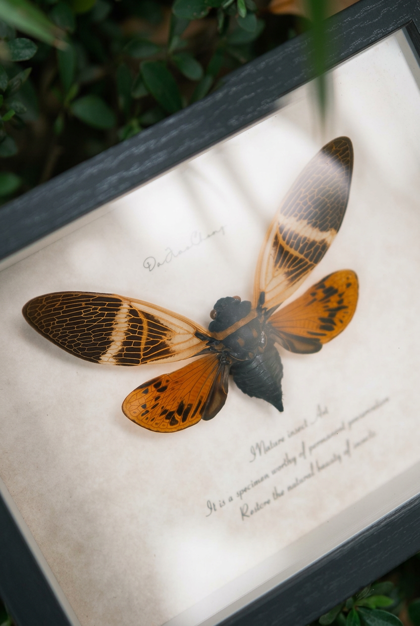 Framed Tiger Cicada Specimen | 7 cm Wingspan, 14.5 × 19.5 cm Black Frame