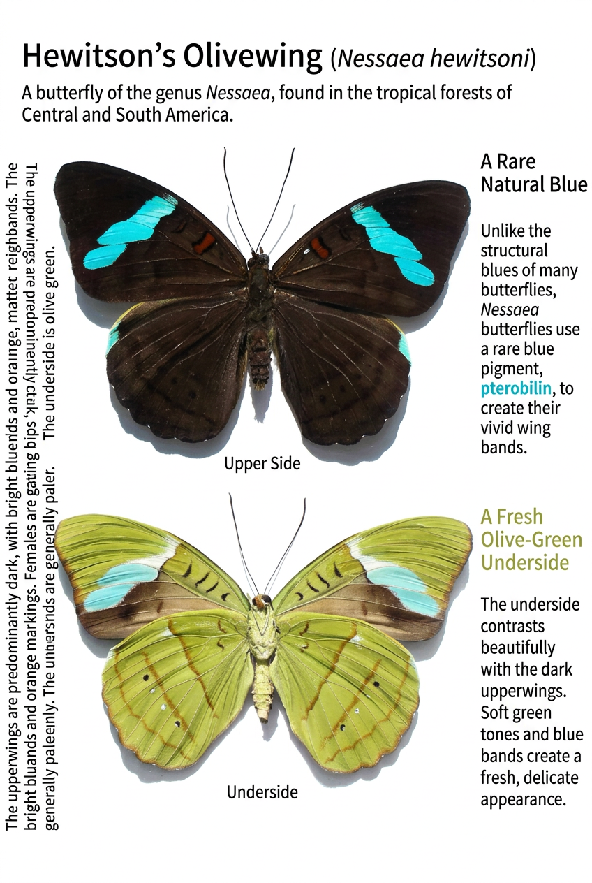 Hewitson’s Olivewing Butterfly Specimen | Nessaea hewitsoni, Vivid Blue Bands
