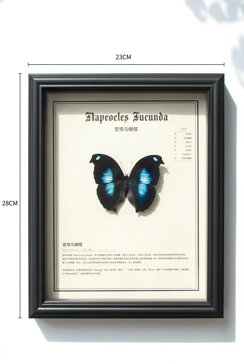 Framed Napeocles jucunda Butterfly Specimen | Iridescent Blue Wings, 23 × 28 cm