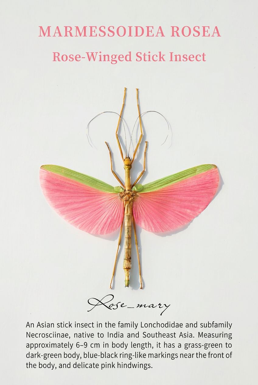Rose-Winged Stick Insect Specimen | Marmessoidea rosea, Pink & Green Wings⠋