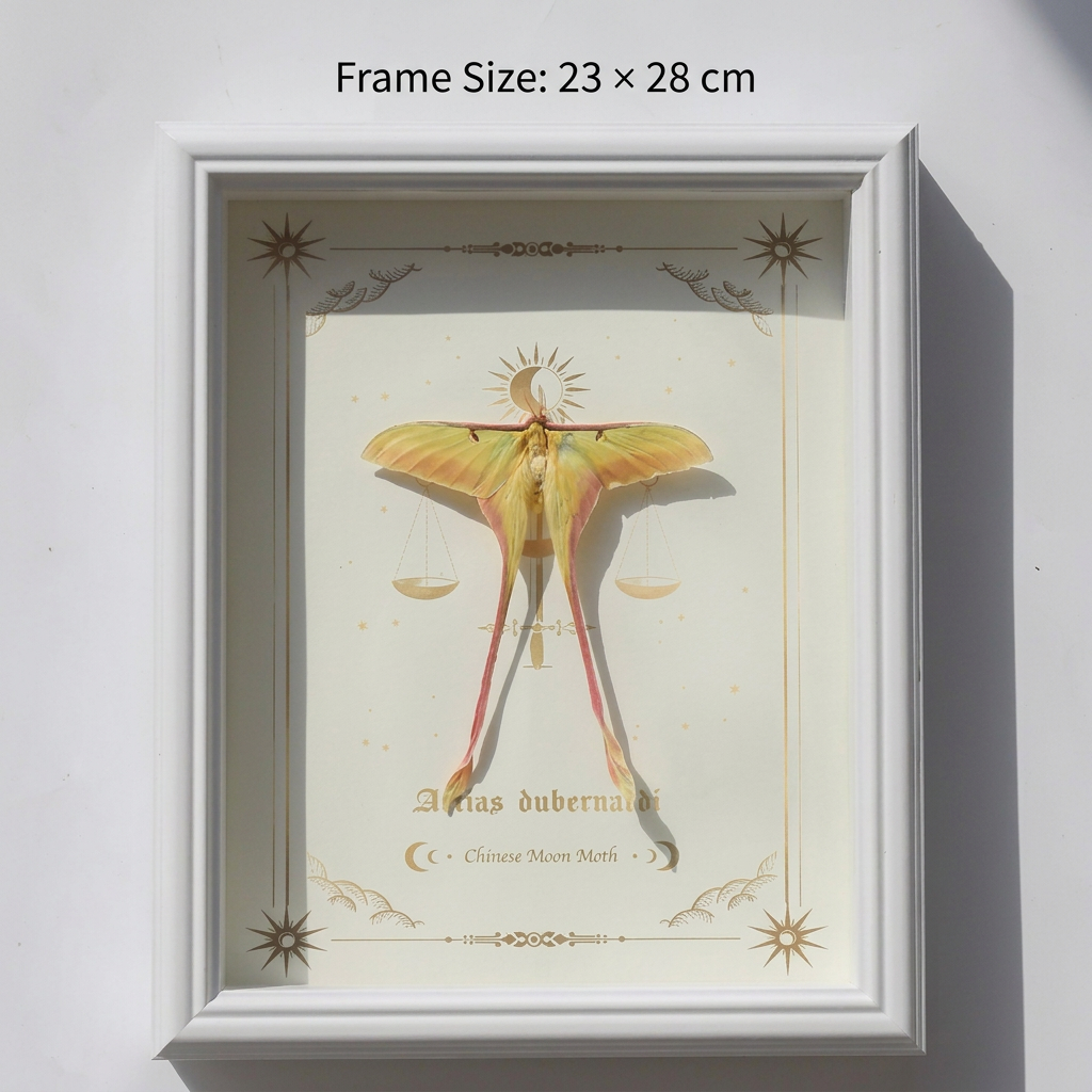 Framed Chinese Moon Moth Specimen | Actias dubernardi, 23 × 28 cm White Frame⠋