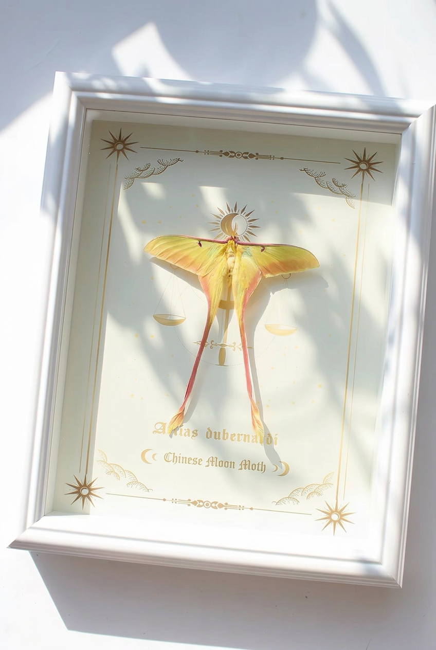 Framed Chinese Moon Moth Specimen | Actias dubernardi, 23 × 28 cm White Frame⠋