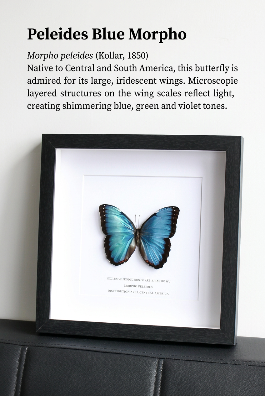Peleides Blue Morpho Butterfly Specimen in Black Frame | 28 × 28 cm