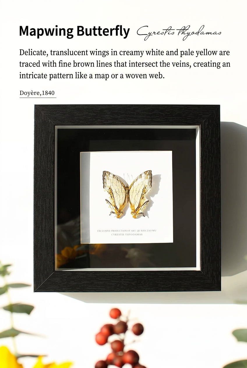 Framed Mapwing Butterfly Specimen | Cyrestis thyodamas, 18.2 × 18.2 cm Black Frame