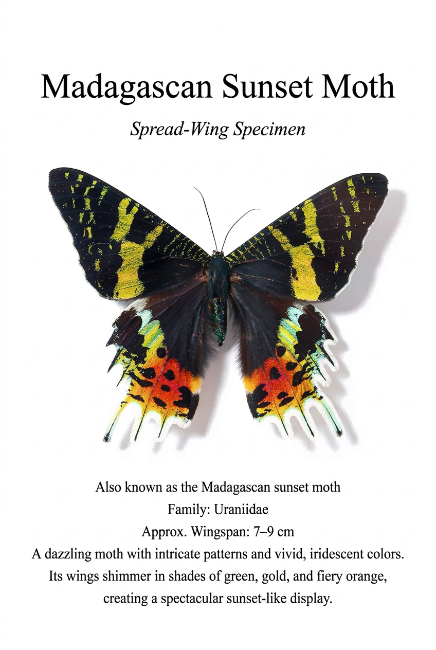 Madagascan Sunset Moth Specimen | Vibrant Spread-Wing Display