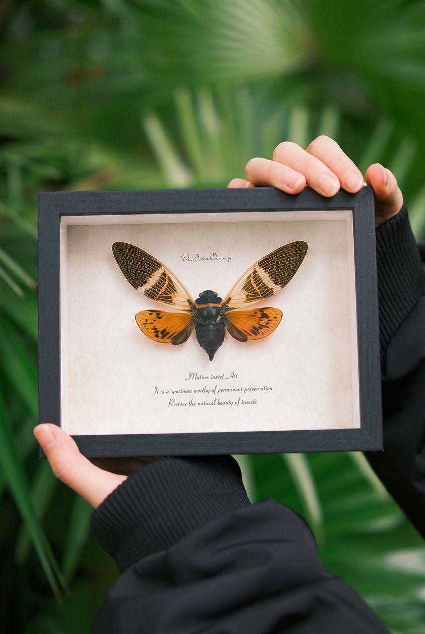 Framed Tiger Cicada Specimen | 7 cm Wingspan, 14.5 × 19.5 cm Black Frame