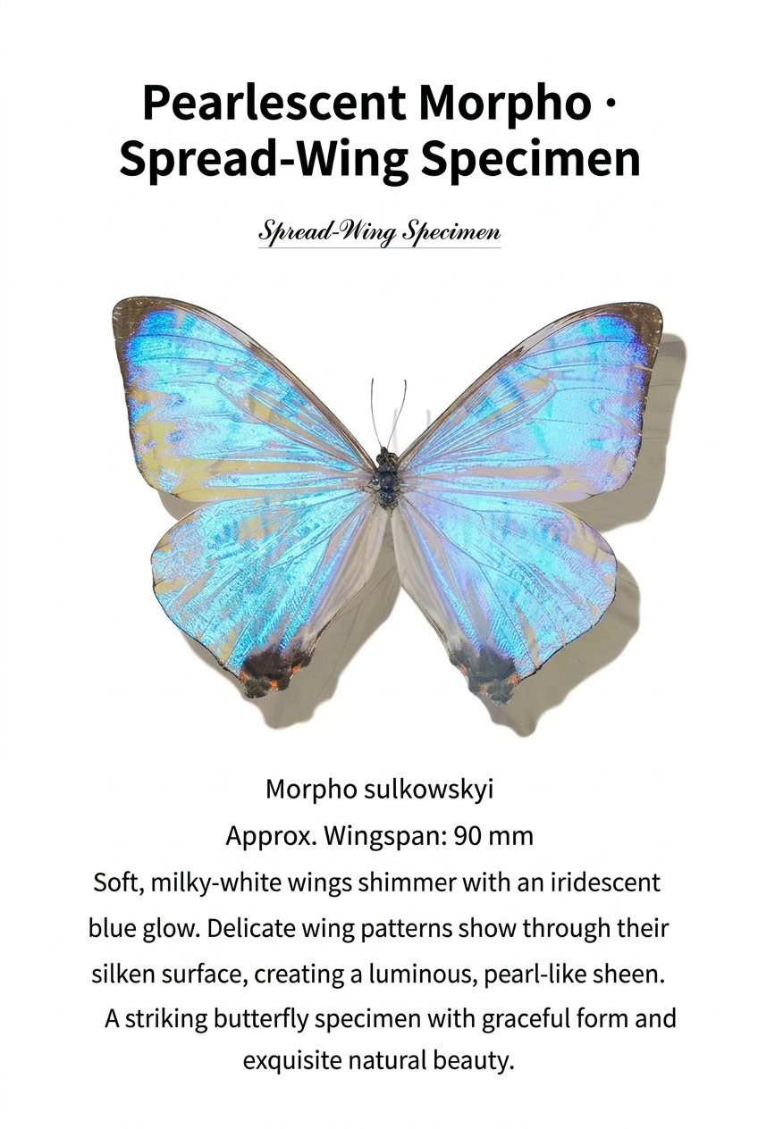Morpho sulkowskyi Butterfly Specimen | Iridescent Pearl-Blue Spread Wings