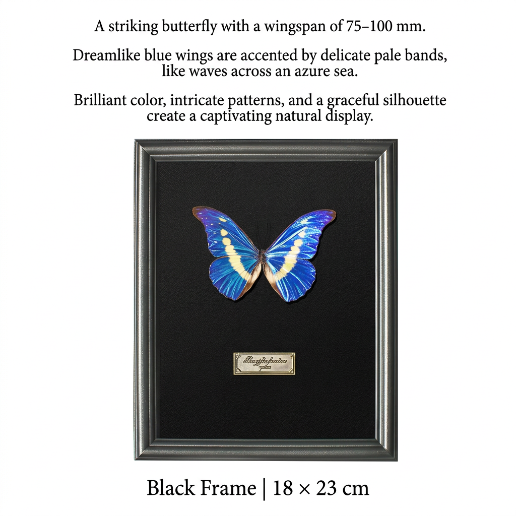 Framed Iridescent Blue Butterfly Specimen | Black Frame, 18 × 23 cm