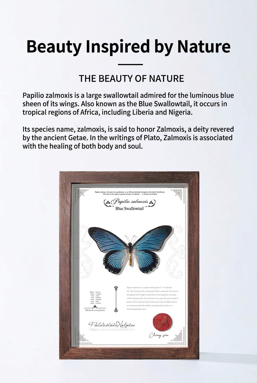 Framed Blue Swallowtail Butterfly Specimen | Papilio zalmoxis, 24 × 32.5 cm